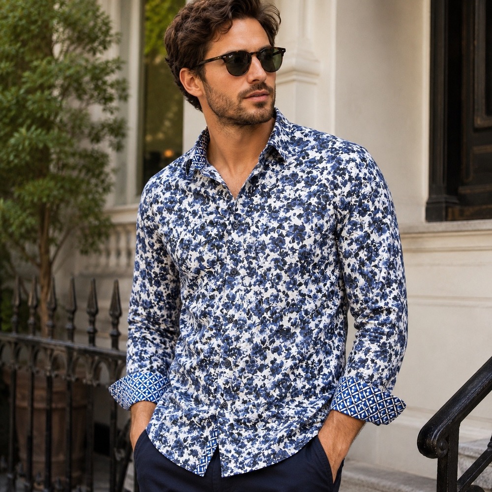 QUIETI Men's Blue White Floral Button Front Long Sleeve Shirt XXL Stretch Cotton